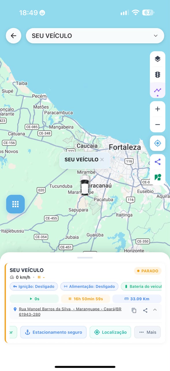 Tela do aplicativo LocalRast mostrando o veículo no mapa da Grande Fortaleza