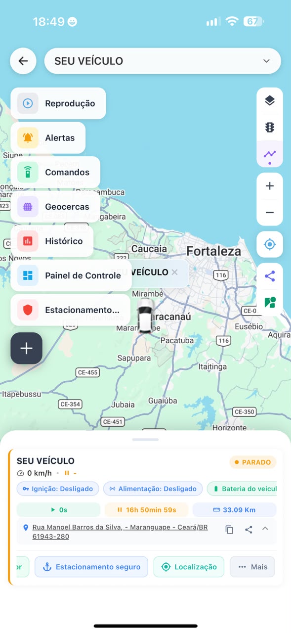 Menu do app com reprodução, alertas, comandos, geocercas e histórico