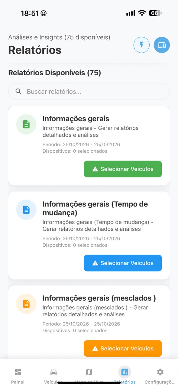 Tela de relatórios com 75 relatórios disponíveis