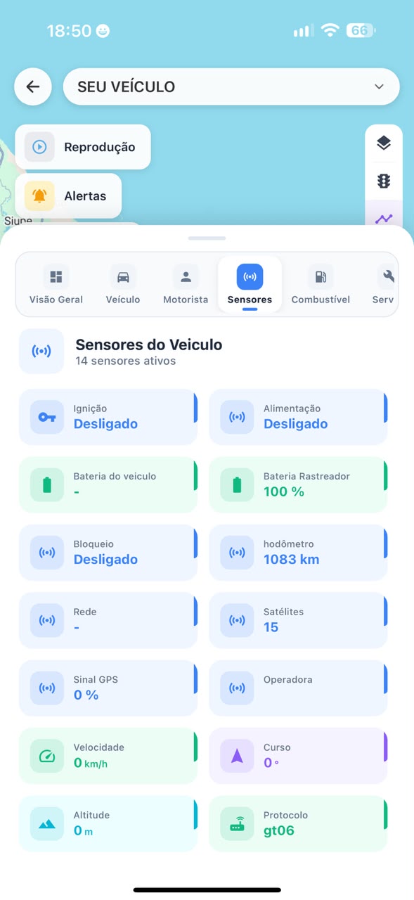 Tela de sensores do veículo: ignição, bateria, bloqueio, hodômetro